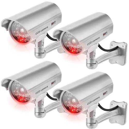 GAOUTO 4 Stück Dummy Kamera, Attrappe Kamera CCTV, Dummy Überwachungskamera mit Blinkender LED Fake Sicherheitskamera für Außen und Innen, Kamera Atrappe für Zuhause und Büro Überwachung in Silber