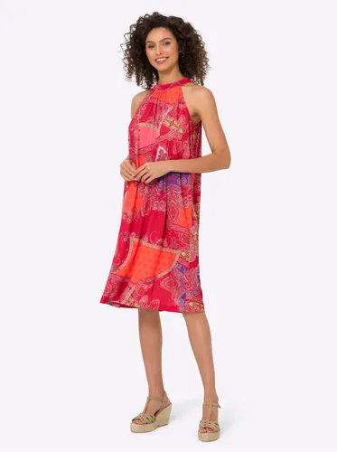 A-Linien-Kleid HEINE "Druck-Kleid", Damen, Gr. 50, Normalgrößen, bunt (erdbeere, orange, bedruckt), 95% Polyester, 5% Elasthan, gemustert, mehrfarbig, bedruckt, kurz, ohne Ärmel, Kleider