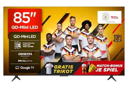 TCL 85Q6CX1 QLED Mini LED-Fernseher - Fernseher mit 85 Zoll, 4K HDR Premium, Google TV und beeindruckendem 144 Hz Bildwiederholrate für ein unvergleichliches Seherlebnis.