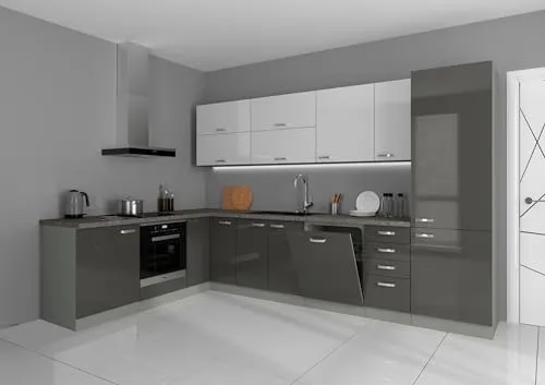 Küche Bianca Ecke IV 210x330 - Küchenzeile in Hochglanz Grau-Weiß, bietet viel Stauraum und modernes Design für Ihr Zuhause.