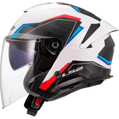 LS2 OF618 Verso II Air Jethelm - Weiß/Blau/Rot - XXL - Motorradhelm mit KPA-Schale für maximale Sicherheit und Komfort, inkl. Sonnenblende und COOLMAX Innenfutter für optimales Feuchtigkeitsmanagement.