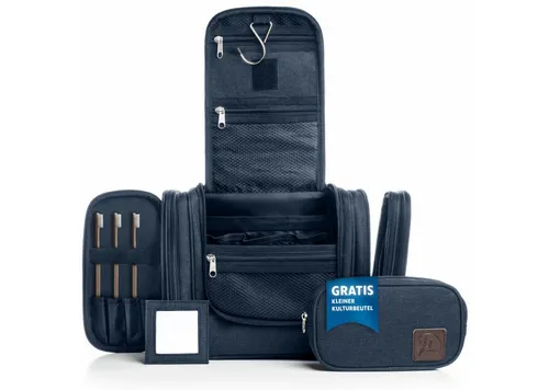Obics Kulturbeutel XXL 8 Liter - Set für Damen & Herren, Blau - Kulturbeutel mit 10 Fächern, wasserabweisend und schnell trocknend. Ideal für Reisen, mit Aufhängemöglichkeit und Trolleybefestigung.