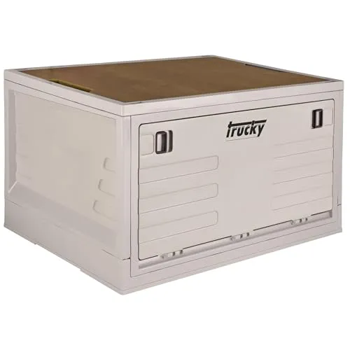 Trucky Klappbox 45 L - Faltbare Aufbewahrungsbox mit Deckel, Beige - Praktische Klappbox für vielseitige Aufbewahrung und Transport. Mit abnehmbarem Deckel und Holz-Design-Einlage, ideal für Camping, Zuhause oder Büro. Faltbar und platzsparend für optimalen Stauraum.