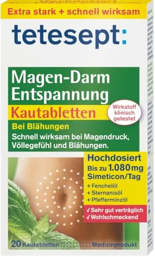 Tetesept Magen-Darm Entspannung Kautabletten - Arzneimittel zur Linderung von Blähungen und Völlegefühl, mit schnell freisetzendem Simeticon und erfrischendem Kräutergeschmack – ideal für eine schnelle und natürliche Entspannung.