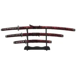 Red Dragon Katana Schwerterset - Elegantes Red Dragon Katana Schwerterset mit Katana, Wakizashi und Tanto. Ideal für Sammler und als dekoratives Highlight. Inklusive Schwertständer und Pflegezubehör – ein Meisterwerk asiatischer Handwerkskunst.