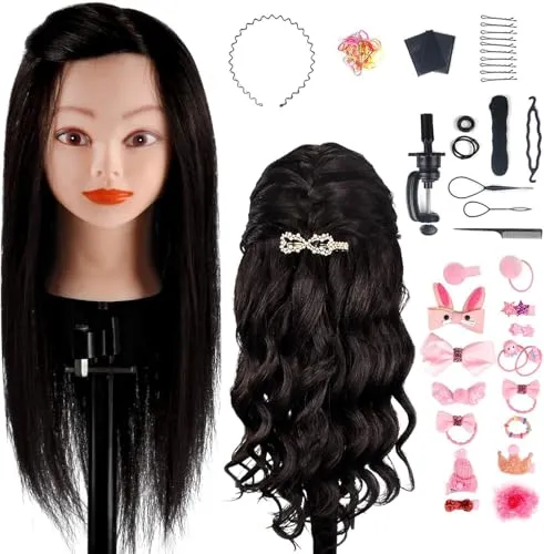 TwoWin 18" 45cm Trainingsköpfe 100% Echthaar Schwarz Kosmetologie Puppe Friseur Training Modell Mannequin Kopf mit Halterung, DIY Haar Zubehör Styling, Geeignet zum Glätten Locken Dauerwelle