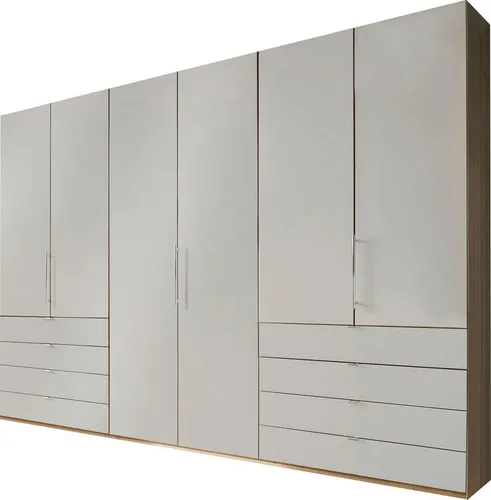 Venda Falttürenschrank Loft, Eiche & Champagner, 3-türig mit 8 Schubladen - Der Venda Falttürenschrank (300 x 236 cm) bietet mit 8 Schubladen und 6 höhenverstellbaren Böden viel Stauraum. Die platzsparenden Falttüren und die elegante Glasfront in Champagner verleihen Ihrem Schlafzimmer einen modernen Touch.