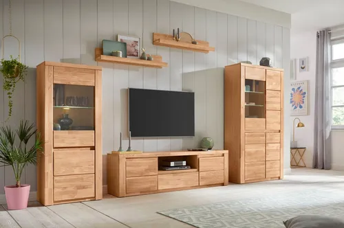 Wohnwand OTTO HOME "Burani", Eiche teilmassiv - Vielseitige Wohnwand aus teilmassivem Holz, ideal für kleine Räume. Inklusive 2 Vitrinen und Lowboard, bietet sie viel Stauraum und pflegeleichte Oberflächen für den perfekten Look in Ihrem Zuhause.