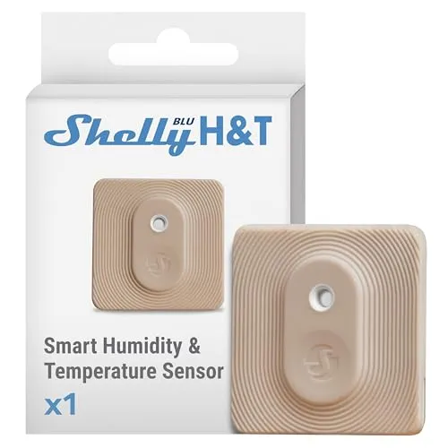 Shelly Blu H&T Mokka – Bluetooth-Temperatur- und Luftfeuchtigkeitssensor - Präzise Raumklimakontrolle mit Echtzeitmessung von Temperatur und Luftfeuchtigkeit. Spritzwassergeschützt (IP54) und bis zu 3 Jahre Batterielaufzeit. Ideal für intelligente Klimasteuerung.