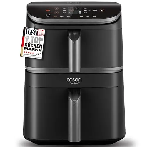 COSORI Heißluftfritteuse 10,8 L mit 2 Kammern - Platzsparende Heißluftfritteuse mit innovativem Design, das 41 % Platz spart. Für knusprige Ergebnisse und vielfältige Zubereitungsmöglichkeiten. Inklusive Rezeptbuch und Edelstahl-Rost.