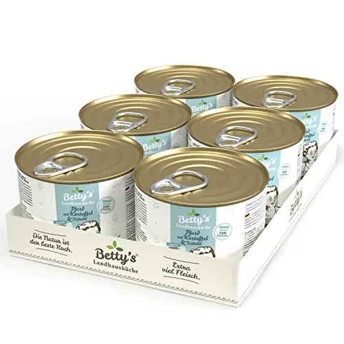 Betty's Landhausküche Hund Pferd mit Kartoffel & Distelöl 6 x 200 g Für alle Hunderassen geeignet Hohe Bioverfügbarkeit Wir achten auf Beste Qualität
