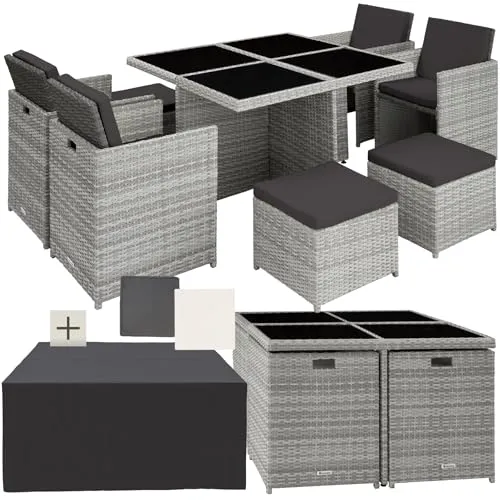 TecTake Aluminium Rattan Sitzgruppe Manhattan 4+4+1 - hellgrau mit Schutzhülle - Gartenmöbel Set für bis zu 8 Personen, wetterfest und mit abnehmbaren, schmutzabweisenden Polstern. Inklusive praktischer Schutzhülle für längere Lebensdauer.