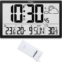 Green Blue GB218 Wetterstation mit Außensensor - Uhren mit Wetterstation – Große 37x22,5 cm Wanduhr mit präziser DCF-Zeit, Außentemperaturanzeige und Wettervorhersage für stets aktuelle Informationen.