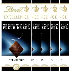 Lindt Excellence Meersalz 100g 5er Pack - Schokolade mit edlem Meersalz, perfekt für Liebhaber von süß-salzigen Kombinationen. Der Knuspereffekt und der intensive Kakao-Geschmack sorgen für ein außergewöhnliches Genusserlebnis.