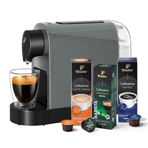 Tchibo Cafissimo „Pure plus“ Kaffeemaschine - 1-Tassen-Kaffeemaschine mit patentiertem Drei-Druck-Brühsystem für perfekten Caffè Crema, Espresso und Kaffee. Inklusive 30 Kapseln und platzsparendem Design für jede Küche.