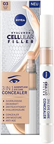 NIVEA Hyaluron Cellular Filler 3IN1 Augenpflege Concealer Dunkel (4 ml) - Teint Concealer – Kombiniert Abdeckkraft und Pflege für die Augenpartie. Hochwertige Farbpigmente decken Augenringe und Rötungen ab, während die Formel mit feuchtigkeitsspendenden Inhaltsstoffen die Haut 24h lang pflegt.