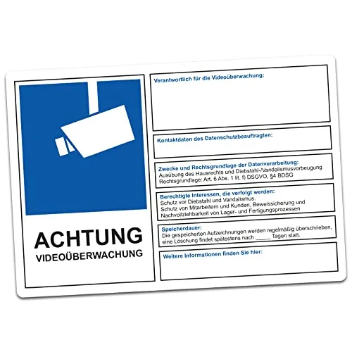 Videoüberwachung Hinweis Aufkleber DSGVO BDSG – Selbst ausfüllbar - Selbstklebender Aufkleber zur Videoüberwachung, ideal für den datenschutzkonformen Einsatz. Wetterfest und langlebig, einfach anzubringen und rückstandslos zu entfernen. Erhältlich in zwei Größen: 15x10 cm oder 30x20 cm.