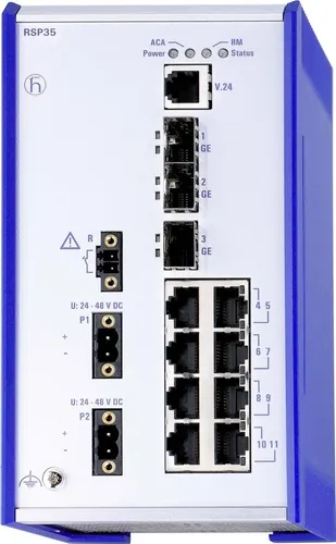 Hirschmann INET RSP25-1100 Fast Ethernet Switch - Modems, Splitter & Switches - Robuster 11-Port Switch mit 4 RJ45-Ports, IP30-Schutz und Hutschienenmontage, ideal für industrielle Anwendungen.
