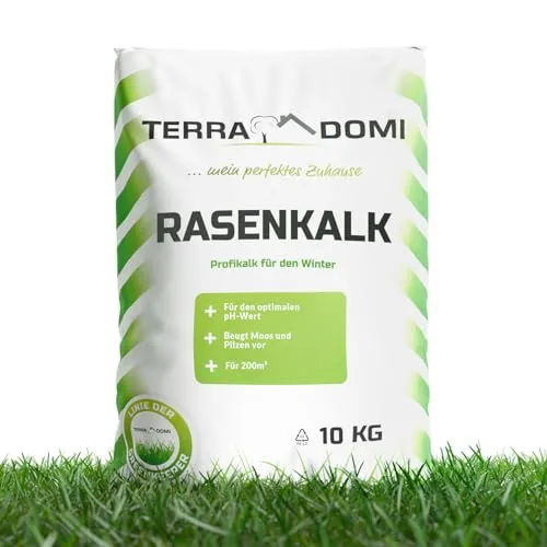 TerraDomi Rasenkalk & Gartenkalk 10kg | Beugt Moos & Pilzen vor | Zur Erhöhung des pH-Wertes saurer Böden | Für einen gesunden Rasen I Intensiviert die Düngung | Für 200m²