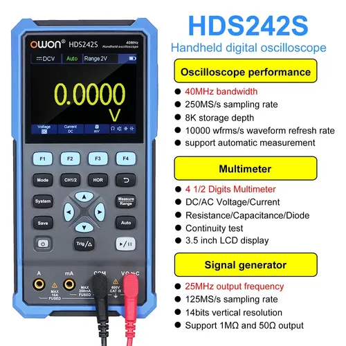 OWON HDS242S LCD-Oszilloskop mit Multimeter und Funktionsgenerator - Spannungsprüfer mit 2-Kanal Oszilloskop (40 MHz), integriertem Multimeter und Funktionsgenerator, ideal für mobile Anwendungen und Hobbyelektroniker.
