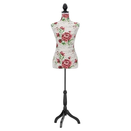 Semplix Schneiderbüste mit Holzstativ – Elegante Schneiderpuppe für Atelier und Boutique (Rosendruck) - Hochwertige Schneiderbüste aus formbeständigem Styropor mit feinem Baumwollbezug. Verstellbares Holzstativ sorgt für Stabilität und stilvolle Präsentation von Kleidung in jedem Atelier oder als dekoratives Element.