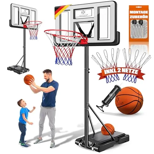 KESSER® Mobiler Basketballständer 160-210cm Set mit Ball & Pumpe – Weiß - Höhenverstellbarer KESSER® Basketballkorb von 160 bis 210 cm, ideal für Garten und Indoor. Mit stabilem Standfuß und praktischen Rollen – für unvergessliche Spiele mit der ganzen Familie!