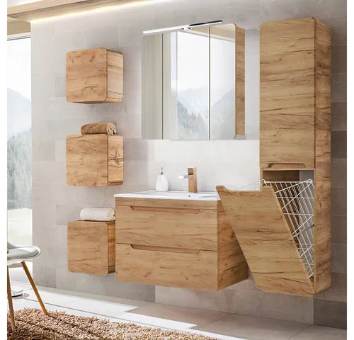 Lomadox Badmöbel Komplettset Eiche - Modernes Badezimmer-Komplettset mit stilvollem Keramik-Waschtisch und LED-Spiegelschrank. Perfekt für eine elegante und funktionale Badgestaltung.