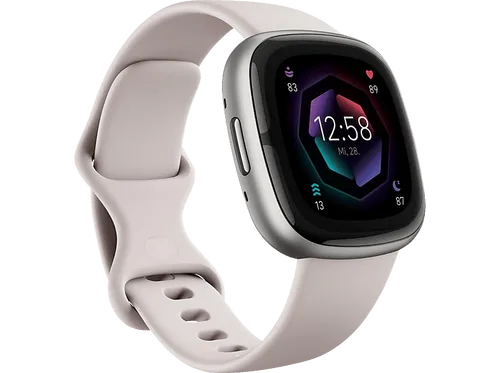 FITBIT Sense 2 Smartwatch - Aluminium Elastomer, S L, Lunar White Platinum, Stressbewältigung und Schlafanalyse für ein gesünderes Leben