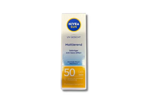 NIVEA SUN UV Gesicht Mattierender Gesichtsschutz LSF 50 - Leichte Sonnencreme für Gesicht, Hals und Dekolleté mit Anti-Glanz-Effekt. Bietet zuverlässigen Schutz und ein mattes Hautgefühl, ideal für den täglichen Gebrauch.