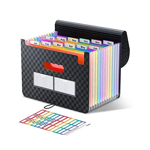 ThinkTex Accordian Akten,Organizer mit 12 Fächern,erweiterbarer Aktenordner,erweiterbare Abdeckung, tragbare Aktenbox,Desktop-Akkordeon-Ordner Kunststoff