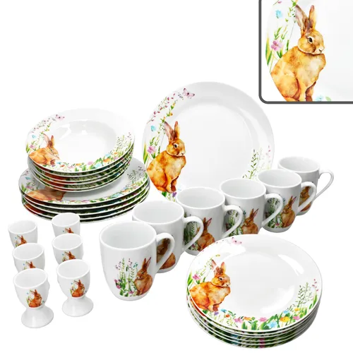 MamboCat Kombiservice 30tlg - Osterfreude - Kombiservice aus hochwertigem Porzellan, ideal für festliche Anlässe mit buntem Hase-Design und 30 Teilen für ein komplettes Set.