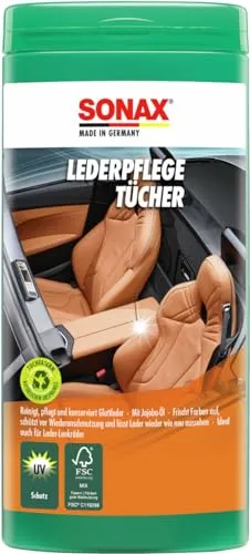 SONAX LederPflegeTücher 25 Stück – Praktische Spenderbox - Effiziente Reinigung und Pflege für Glattlederoberflächen. Die Tücher sind ideal für Auto, Freizeit und Haushalt und sorgen für eine einfache Anwendung unterwegs.