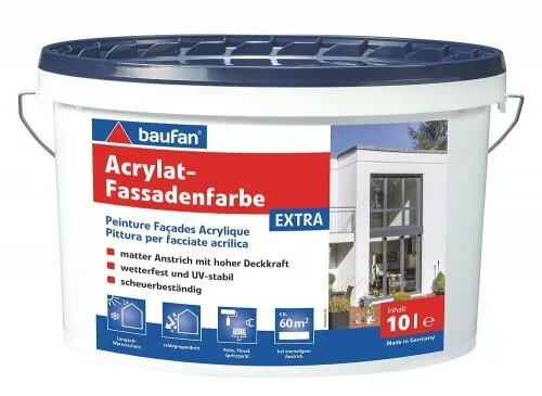 Baufan Fassadenfarbe EXTRA 10l weiß - Acrylat Fassadenfarbe für innen und außen, matt und scheuerbeständig, ideal für langlebige und vergilbungsfreie Fassadengestaltung.