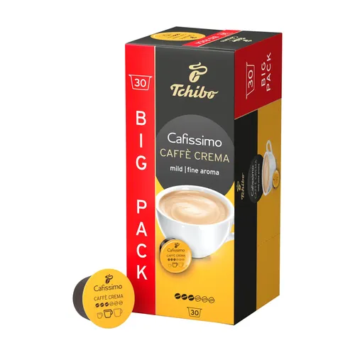 Cafissimo Caffè Crema mild - 30 Kapseln - Genießen Sie 30 Kapseln des milden Caffè Crema mit sanftem Aroma und samtiger Crema. Ideal für Ihre Cafissimo Maschine, perfekt für eine entspannte Kaffeepause.