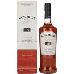 Bowmore 15 Jahre - Islay Single Malt Scotch Whisky - Whisky, gereift in Oloroso Sherryfässern, vereint Torfrauch und maritime Aromen mit zarten Schokoladen- und Fruchtnoten für ein unvergessliches Geschmackserlebnis.