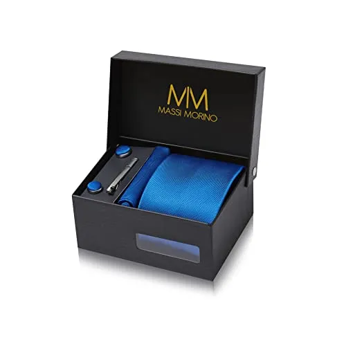 Massi Morino Krawatte Royalblau Set für Herren - 5-teiliges Krawatten-Set in edler Geschenkbox mit Krawatte, Einstecktuch, Manschettenknöpfen und Krawattennadel – ideal für elegante Anlässe.