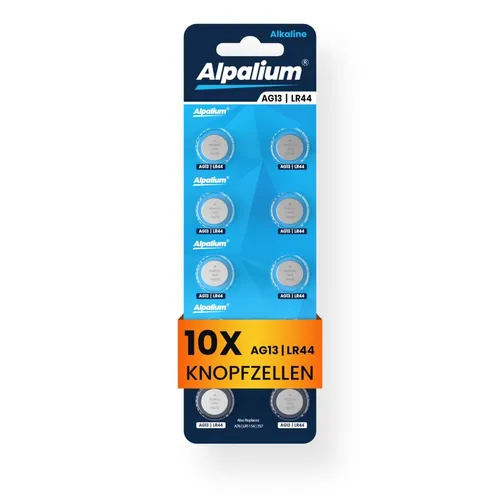 Alpalium AG13 LR44 10er Blister Knopfzelle Alkaline 1,5V - Zuverlässige 10er Blisterpackung mit LR44 Knopfzellen, ideal für Spielzeug und Alltagsgeräte. Hohe Leistung und lange Lebensdauer für vielseitige Anwendungen.