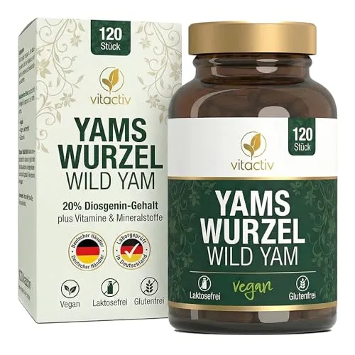 VITACTIV Yams Wurzel, Wild Yam - 120 Kapseln (2 Monatspack) - 880mg Yamswurzel-Extrakt pro Tagedosis, 20% bzw. 176mg Diosgenin - Für körpereigenen DHEA-Spiegel, bei Menopause (Wechseljahren)