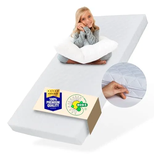 Baby Kindermatratze 90x200 cm mit waschbarem Bezug - Bettlaken für Kinderbett, punktelastische Kaltschaummatratze mit optimalem Härtegrad und GRATIS Spannbettlaken aus 100% Baumwolle für besten Schlaf und Hygiene.