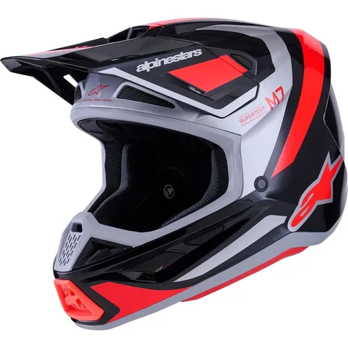 Alpinestars S-M7 Rise Motocross Helm in Schwarz-Rot-Silber, Größe L - Robuster Motocross Helm mit ECE 22-06 Zertifizierung, leichtes Gewicht von ca. 1350 g und sicherem Doppel D-Ring Verschluss für optimalen Tragekomfort.