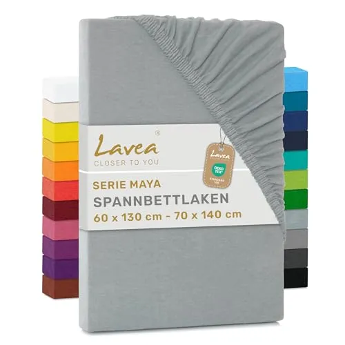 Lavea® Spannbettlaken 60x130cm - 70x140cm Maya Jersey, Bettlaken aus 100% Baumwolle, mit Rundumgummi für Matratzen bis 12 cm, atmungsaktiv, pflegeleicht, formstabil, Spannbetttücher, Silber