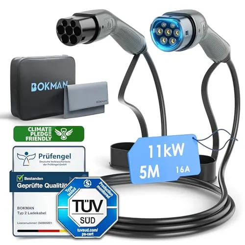 bokman Typ 2 Ladekabel 16A 11 kW - 5 Meter - Ladestationenzubehör für Elektrofahrzeuge, Hochgeschwindigkeitsladen mit sicherem Schutz und ergonomischem Design für müheloses Stecken und Lagern.