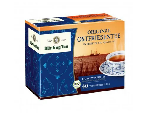 Bünting Bio Ostfriesentee 60g - Hochwertiger schwarzer Tee aus kontrolliert biologischem Anbau, ideal für eine entspannende Teepause. Kühl und trocken lagern für besten Genuss.