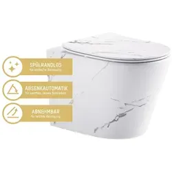 Wand-WC Set Nakia Tiefspüler ohne Spülrand kurz - Hänge-WC mit spülrandlosem Design für einfache Reinigung und verbesserte Hygiene. Elegante marmorierte Oberfläche und inkl. leise schließendem WC-Sitz.