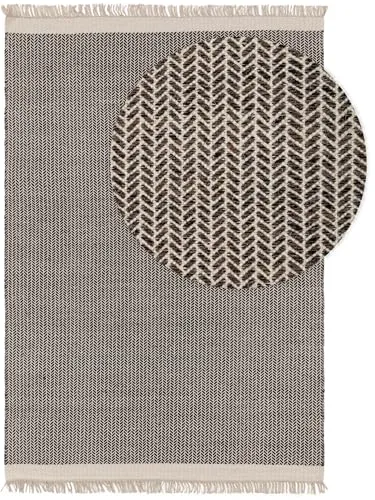benuta Pure Wollteppich, Schwarz, Rechteckig 80x120 cm - Teppiche & Böden: Pflegeleichter Wollteppich mit schickem Grafikmuster für natürliche Gemütlichkeit und zeitlosen Stil in jedem Wohnraum.
