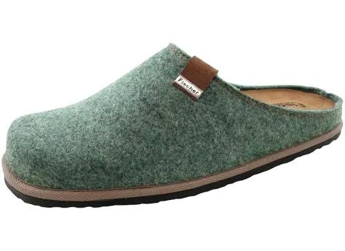 Fischer Herren Hausschuh Filz Pantoffel Leder Fußbett Helge 0924 - Grün, Größe 45 EU - Bequeme Herren Pantoffeln aus nachhaltigem PET-Upcycling-Filz. Ideal für entspannte Tage zu Hause mit rutschfester Sohle und herausnehmbaren Lederfußbett für individuellen Komfort.