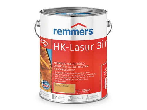 Remmers HK-Lasur 3in1 pinie/lärche, 5 Liter - Beizen – Premium Holzlasur für Außen mit 3in1-Funktion: Imprägnierung, Grundierung und Lasur in einem, schützt effektiv vor Feuchtigkeit und UV-Strahlung.