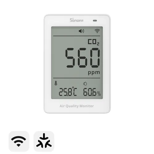 SONOFF AirGuard SAWF-08P CO2 Messgerät - Luftqualitätsprüfer mit LCD-Display und WIFI-Anbindung, ideal für Innenräume. Überwacht CO2-Werte präzise und unterstützt Smart Home Systeme wie Amazon Alexa.
