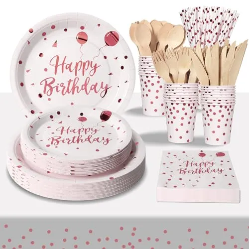 PYAILI 193 Pieces Happy Birthday Partygeschirr Set | Kindergeburtstag Weiß Rotgold Pappteller | Tablecloth, Plates, Cups, Napkins, Papier Strohhalme und mehr (24 Gästes)