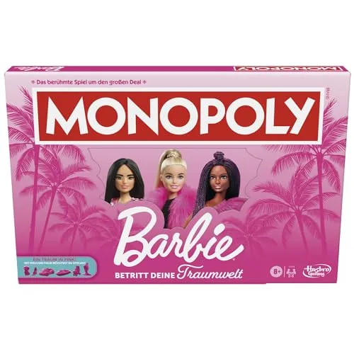 Monopoly Barbie Edition Brettspiel - Tauche ein in die bunte Barbie-Welt mit 6 pinken Spielfiguren und Traumhäusern!